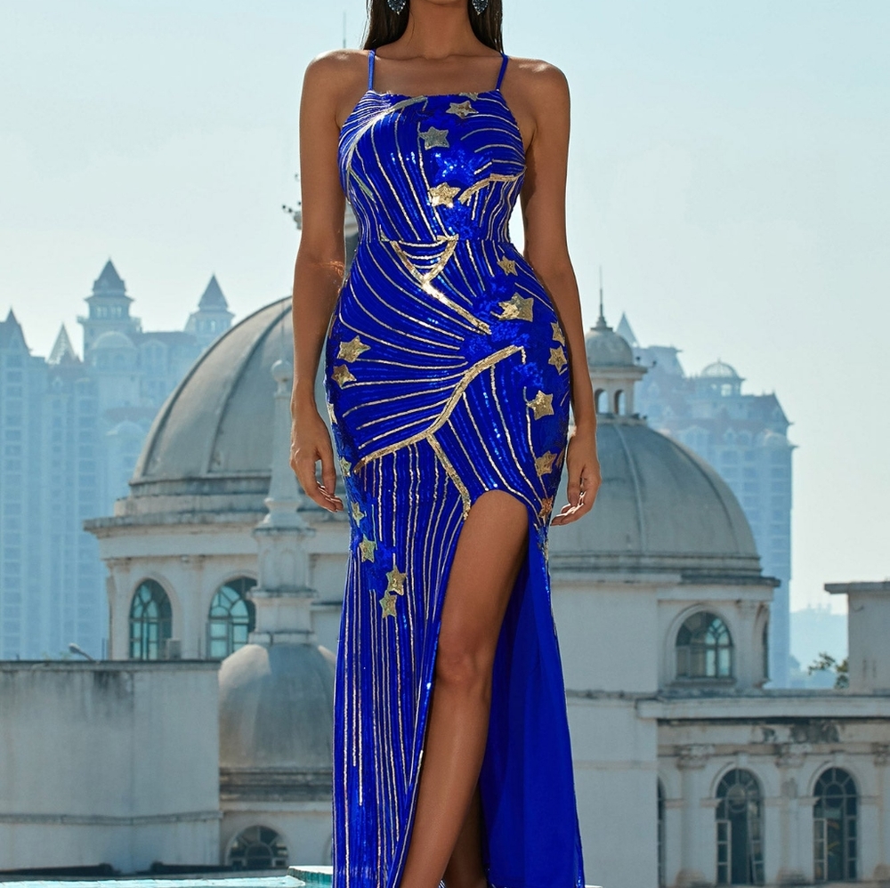 Sequin Spaghetti Strap Split Maxi Dress
